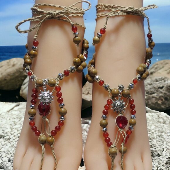 NEW Sun & Red Gemstone Barefoot Sandals. Beach fashion foot jewelry. - Picture 1 of 4